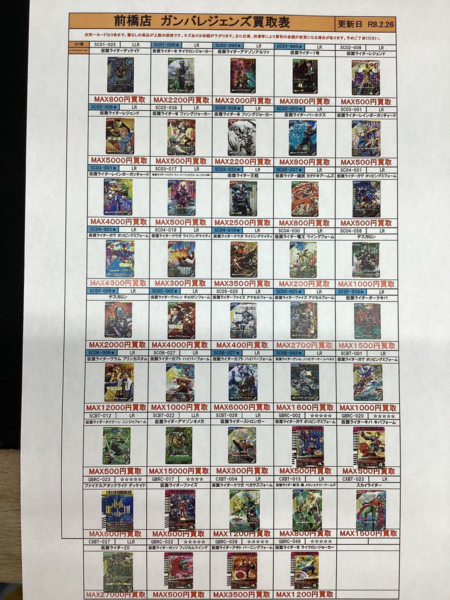 仮面ライダーのガンバレジェンズ買取価格表更新しました。PCXだけ明日