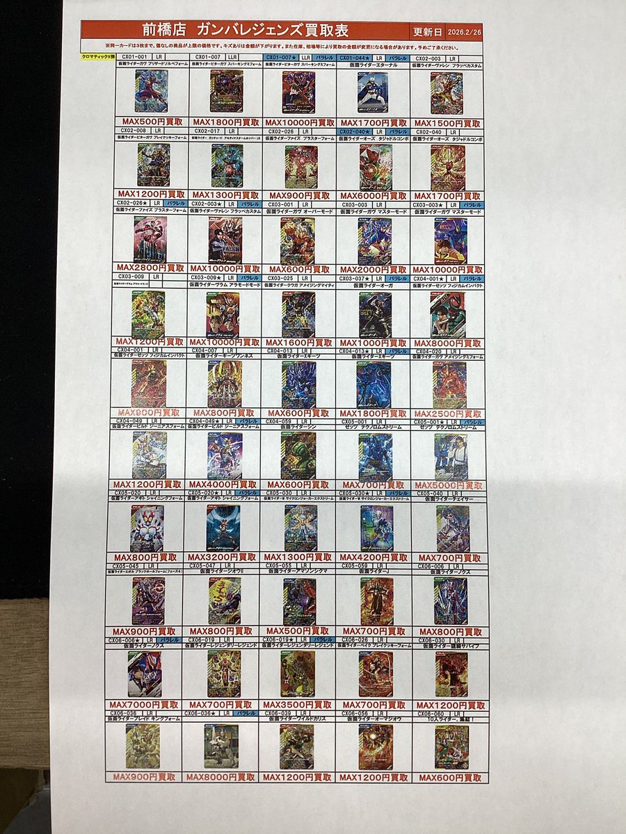 仮面ライダーのガンバレジェンズ買取価格表更新しました。PCXだけ明日