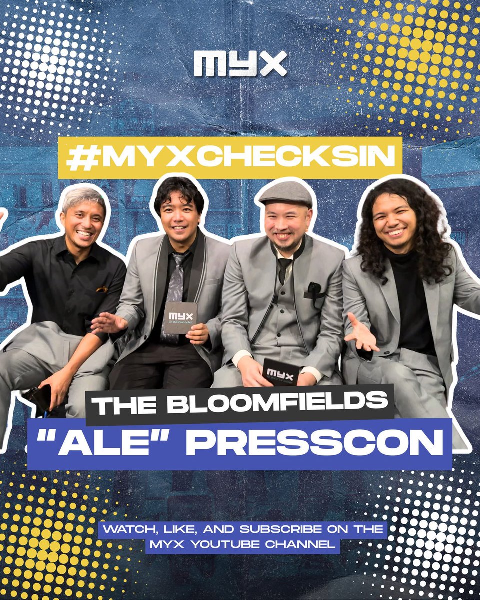 ABSCBNpr's tweet image. #MYXChecksIn with The Bloomfields! 

On this episode, the band talks about the unexpected resurgence of their hit “ALE,” now a massive TikTok trend taking over everyone’s FYP! ✨

Catch the full interview on the MYX Youtube channel

#MYX #ALE #TheBloomfields