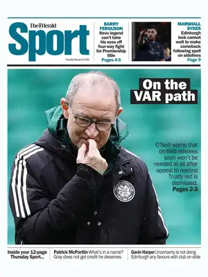 The Herald Sport. على مسار تقنية الفيديو (VAR): أونيل يحذر من أن الحكام في الملعب لن تكون هناك حاجة إليهم قريباً بعد رفض استئناف إلغاء الطرد المثير للجدل للاعب "تروستي".. باري فيرغسون: أسطورة "إيبروكس" لا يستطيع تحويل نظره عن الصراع الرباعي على لقب الدوري الممتاز.. مارشال سايكس: قفل "إدنبرة" لا يطيق الانتظار للعودة بعد فترة قضاها على الهامش.. باتريك مكبارتلين: "غراي" لا يحصل على التقدير الذي يستحقه 