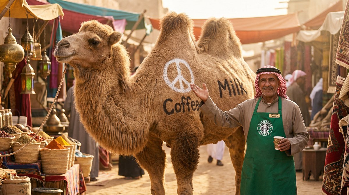 MojoYates_SL's tweet photo. Camel Milk Latte? Peace thru caffeine in the bazaar. 🐪☕️ Who's next?
#MakeArtNotWar #Starbucks #Camel #CoffeeLovers #CamelMilk #MiddleEast #BazaarVibes #FunnyAnimals #CoffeeTime #Starbuckscoffee #PeaceCoffee #DesertCoffee #TravelMeme #AIart #digitalart https://t.co/XcBrwuggXt