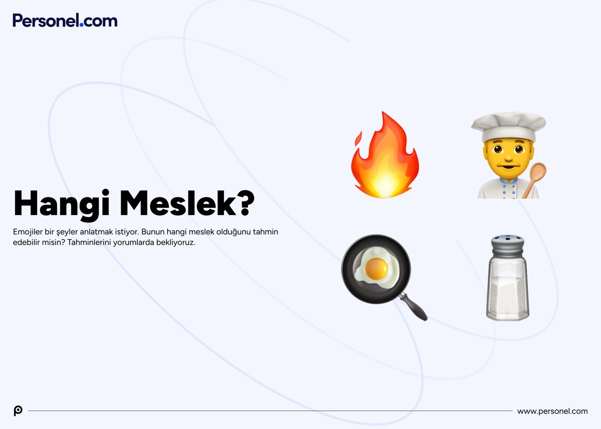 personelcom's tweet photo. 🔥👨🍳🍳🧂4 emoji, 1 meslek.
Sence hangisi? 👀Tahminini yaz ⬇️
Kaydır, Seç, Başla! 💙⚡
#MesleğiTahminEt #Personelcom #DoğruİnsanDoğruİş https://t.co/LRa4zLaV8h