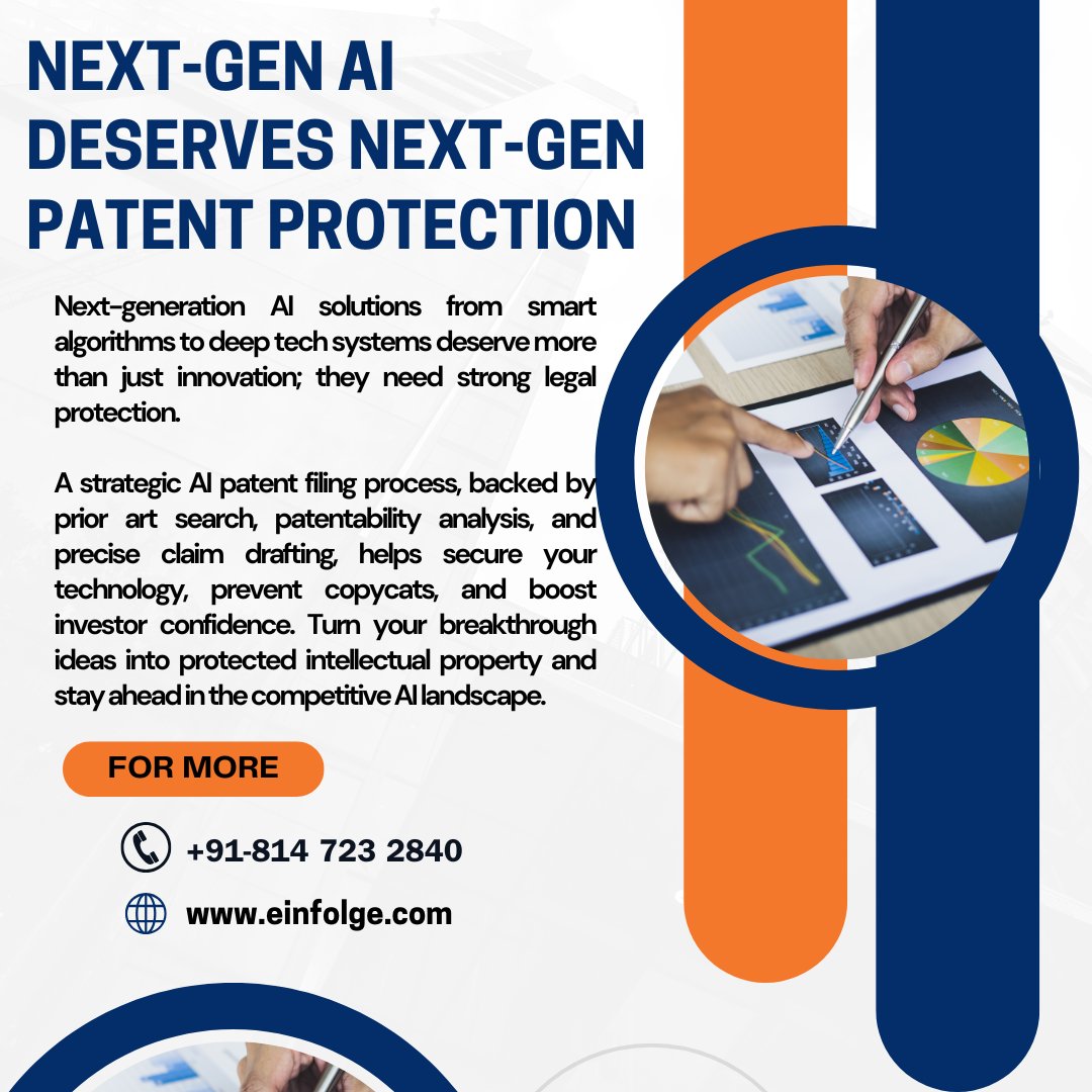 Einfolge's tweet image. Future-proof your AI with expert patent protection partner with Einfolge today!
Visit: einfolge.com
WhatsApp- +91-814-723-2840
#AIPatent #PatentFiling #NextGenAI #PatentProtection #AIInnovation #IntellectualProperty