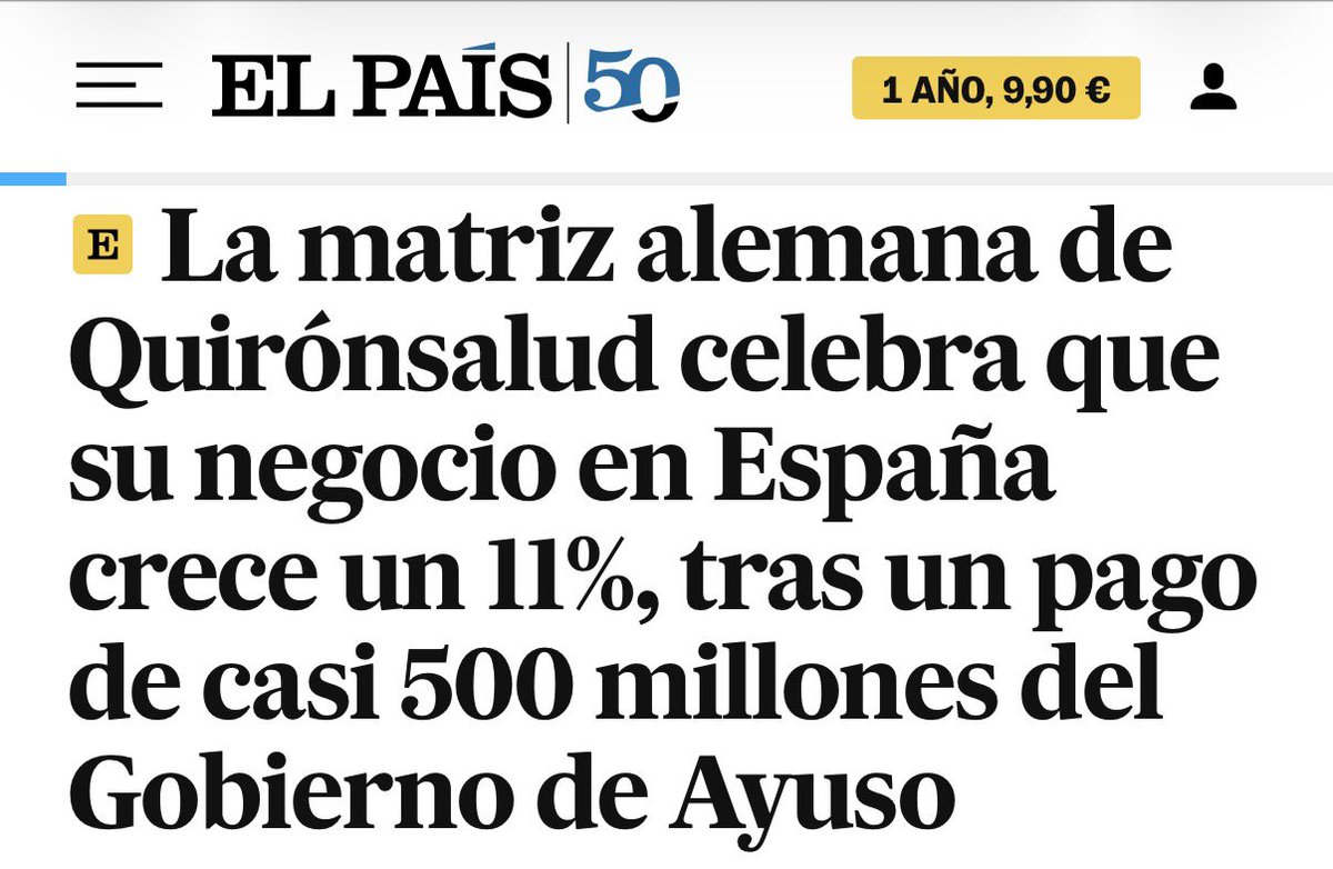 500 millones en diciembre y otros 484 millones este miércoles para Quirón y Ribera.

Ayuso ha convertido Madrid en la gallina de los huevos de oro de los buitres. Y tú esperando dos semanas para una cita con tu médico.

elpais.com/espana/madrid/…