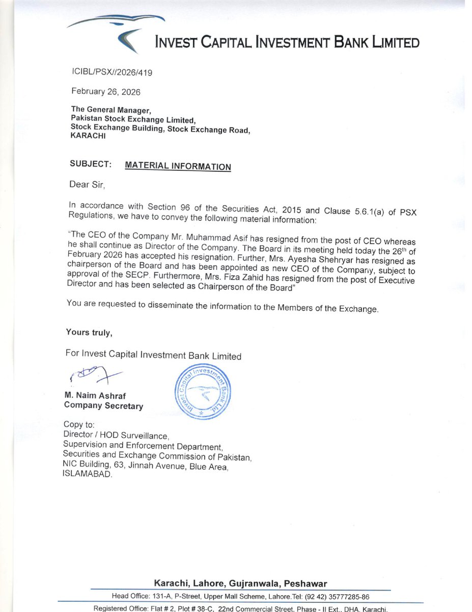 ChasePSXNotices's tweet image. ICIBL-MATERIAL INFORMATION-RESIGNATION AND APPOINTMENT OF CEO

#PSX #materialinformation #stockmarkets #ICIBL