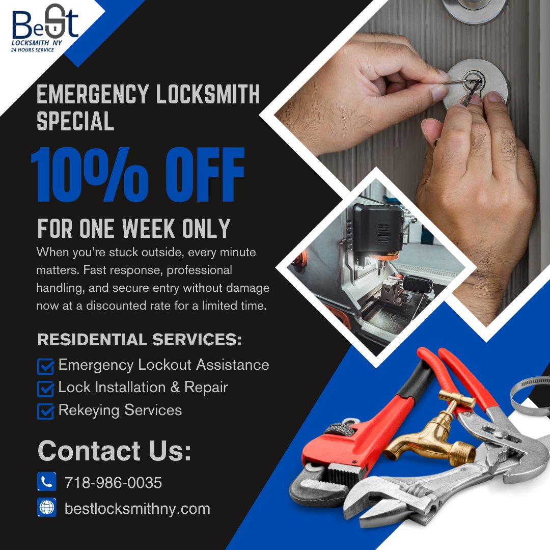 BestLocksmithNY's tweet photo. 10% OFF on Emergency Locksmith Services
Valid 26 Feb - 5 Mar
This 10% discount applies to emergency locksmith services booked within the next 7 days.
https://t.co/Df0IZEEH5s
https://t.co/nk14HjCNMT
#BestLocksmithNY #LocalLocksmith #AffordableLocksmith #coldweather https://t.co/dOKRwi5VzQ