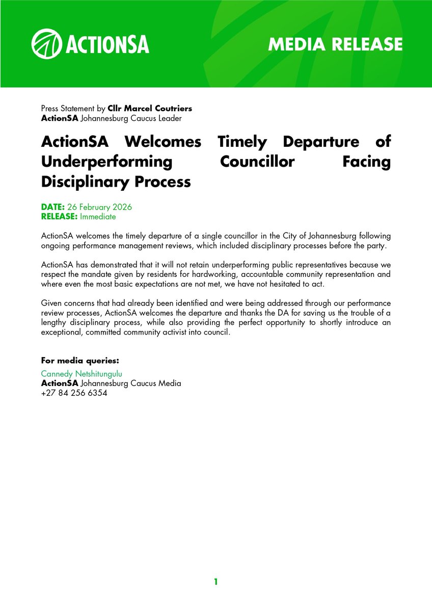 🔊"<a href="/Action4SA/">ActionSA</a> welcomes the timely departure of a single councillor in the City of Johannesburg following ongoing performance management reviews, which included disciplinary processes before the party." - Cllr. Marcel Coutriers, <a href="/Action4SA/">ActionSA</a> Joburg Caucus Leader