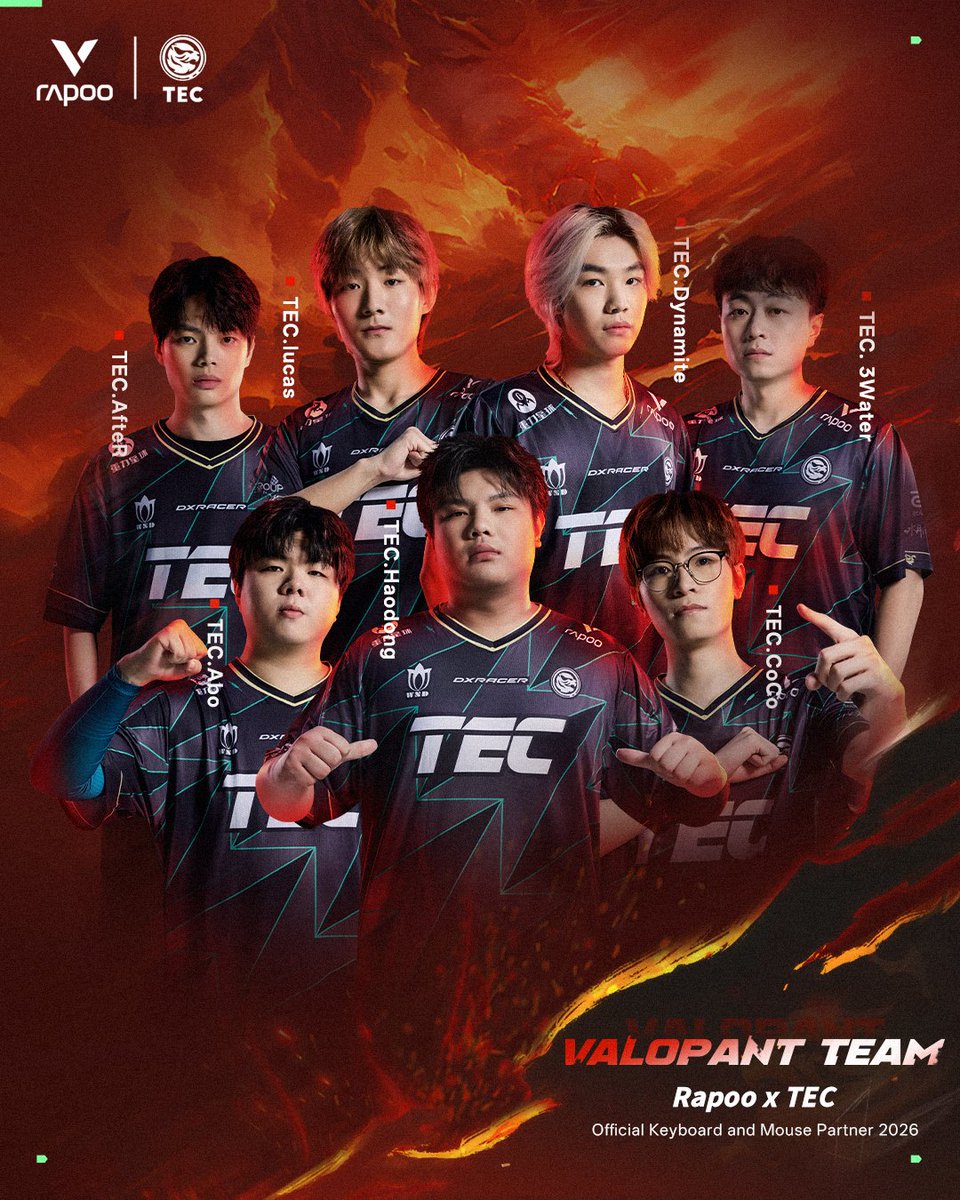 RapooOfficial's tweet photo. 🔥 The heat is rising. The hunt begins.
Proud to announce Rapoo × TEC as the official keyboard &amp; mouse partner of 2026.

Built for clutch moments.
Powered for every round.
Ready for the next fight. 🐅🔥

#Rapoo #TEC #ValorantTeam #Esports #GamingGear #ProSetup #OfficialPartner https://t.co/jzIEwowIdE