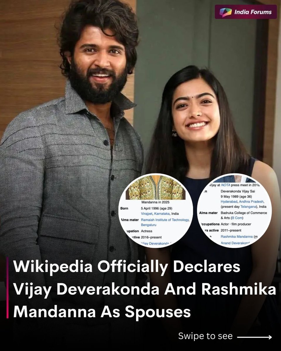 indiaforums's tweet photo. Wikipedia officially lists Vijay Deverakonda and Rashmika Mandanna as husband and wife! ❤️
.
.
.
 #VijayRashmika #MarriedLife #VijayDeverakonda #RashmikaMandanna #Spouses #IndiaForums @TheDeverakonda @iamRashmika https://t.co/4w1WvZBbN0