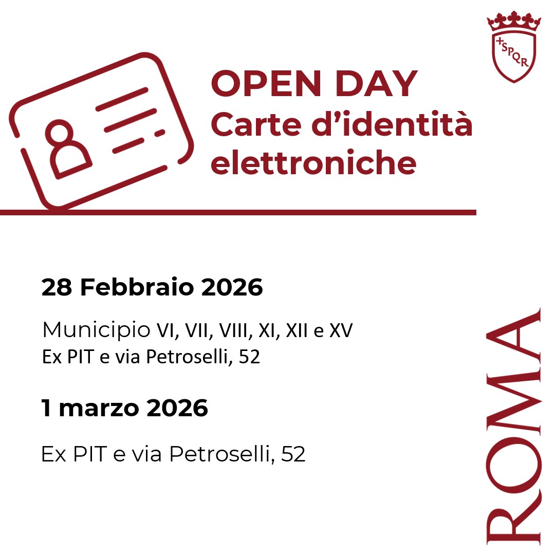 Roma's tweet image. ✅#OpenDay Carta d'identità Elettronica #CIE
📌Sabato 28/02 aperti i Municipi VI, VII, VIII, XI, XII e XV ex PIT e via Petroselli 52

📌Domenica 01/03 aperti gli ex PIT e via Petroselli 52
Prenotazioni da h 9 del 27/02 su🔗prenotazionicie.interno.gov.it

Info ➡️tinyurl.com/mu583uf9