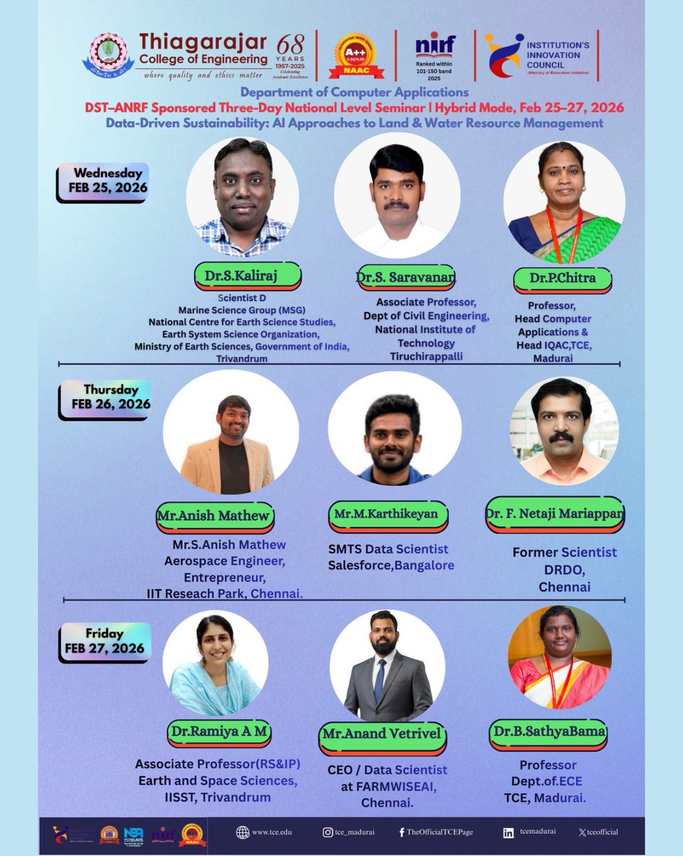 tceofficialpage's tweet photo. π DST-ANRF Sponsored National Seminar | TCE
Data-Driven Sustainability: AI for Land & Water Resource Management
π
Feb 25β27, 2026 | π Hybrid
Eminent speakers from NCESS, NIT, DRDO, IIT RP, Salesforce & more.
#TCE #DSTANRF #AISustainability #NationalSeminar #Innovation https://t.co/4NGQkrKeSi