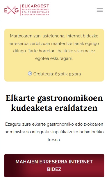 Elkargest's tweet photo. Martxoaren 2an, astelehena, Internet bidezko erreserba zerbitzuan mantentze lanak egingo ditugu.
Tarte horretan, baliteke sistema ez egotea eskuragarri.📷 Ordutegia: 8:30tik 9:30ra https://t.co/Ibpnz5HoiY