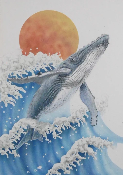 【新作】 色鉛筆でクジラを描きました いつもと雰囲気を変えて和風に #鯨 #海洋生物