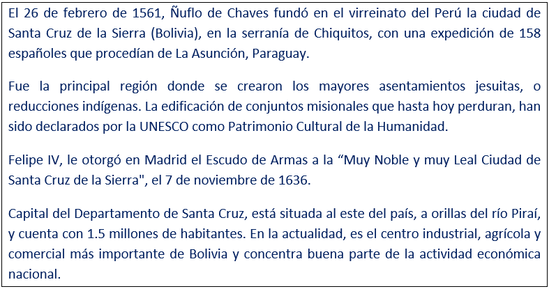 javierleoncio49's tweet image. El 26 de febrero de 1561, hoy hace 465 años, Ñuflo de Chaves fundó en el virreinato del Perú la ciudad de Santa Cruz de la Sierra (Bolivia). @MarcaSantaCruz,@ConEspSantaCruz,@GobMunSC,@grupoeldeber,@GobSantaCruz,@UPSABolivia,#santacruz,@embajadabolesp,@EmbajadaEspLPaz,#Bolivia