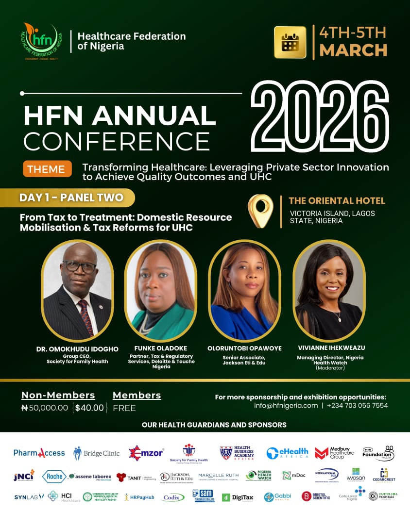 SFHNigeria's tweet photo. Society for Family Health (SFH) is proud to play a leading role at the Healthcare Federation of Nigeria (HFN) Annual Conference 2026, themed “Transforming Healthcare: Leveraging Private Sector Innovation to Achieve Quality Outcomes and UHC,” taking place 4–5 March 2026 at the Oriental Hotel, Victoria Island, Lagos.
Join us at the Conference:
🔹 Dr Omokhudu Idogho, Group CEO, SFH
Panel 2: “From Tax to Treatment: Domestic Resource Mobilisation & Tax Reforms for UHC.”
Driving bold conversations on sustainable health financing and domestic resource mobilisation.
🔹 Dr Jennifer Anyanti, Group Director, SFH IPH & HFN Second Vice President
Moderator, Panel 3 : “Building a National Emergency Medical Response System: Frameworks, Gaps, and Scalable Solutions.”
Championing scalable systems that protect lives.
🔹 Pharm Dennis Aizobu, MD, SFH ACCESS
Chairman, Exhibition Committee, shaping the innovation and partnership landscape of the conference.
As a proud Health Guardian alongside partners such as PharmAccess and eHealth Africa, SFH also contributed to the development of the Nigeria Private Health Sector Outlook 2026, an evidence-based publication led by HFN in collaboration with the Nigerian Economic Summit Group (NESG) and the Presidential Initiative on Unlocking Healthcare Value Chains (PVAC). This flagship report which would be launched, reframes healthcare not only as a social imperative, but as a strategic economic sector requiring data-driven investment, policy clarity, and private sector leadership.
At SFH, we believe universal health coverage will be achieved not by intention alone, but through deliberate financing reforms, resilient systems, and scalable innovation. Join us at #HFN2026 as we help shape the policies, partnerships, and practical solutions that will define Nigeria’s health future. 
#HealthcareTransformation #UHC #HealthFinancing #PrivateSectorLeadership #NigeriaHealth