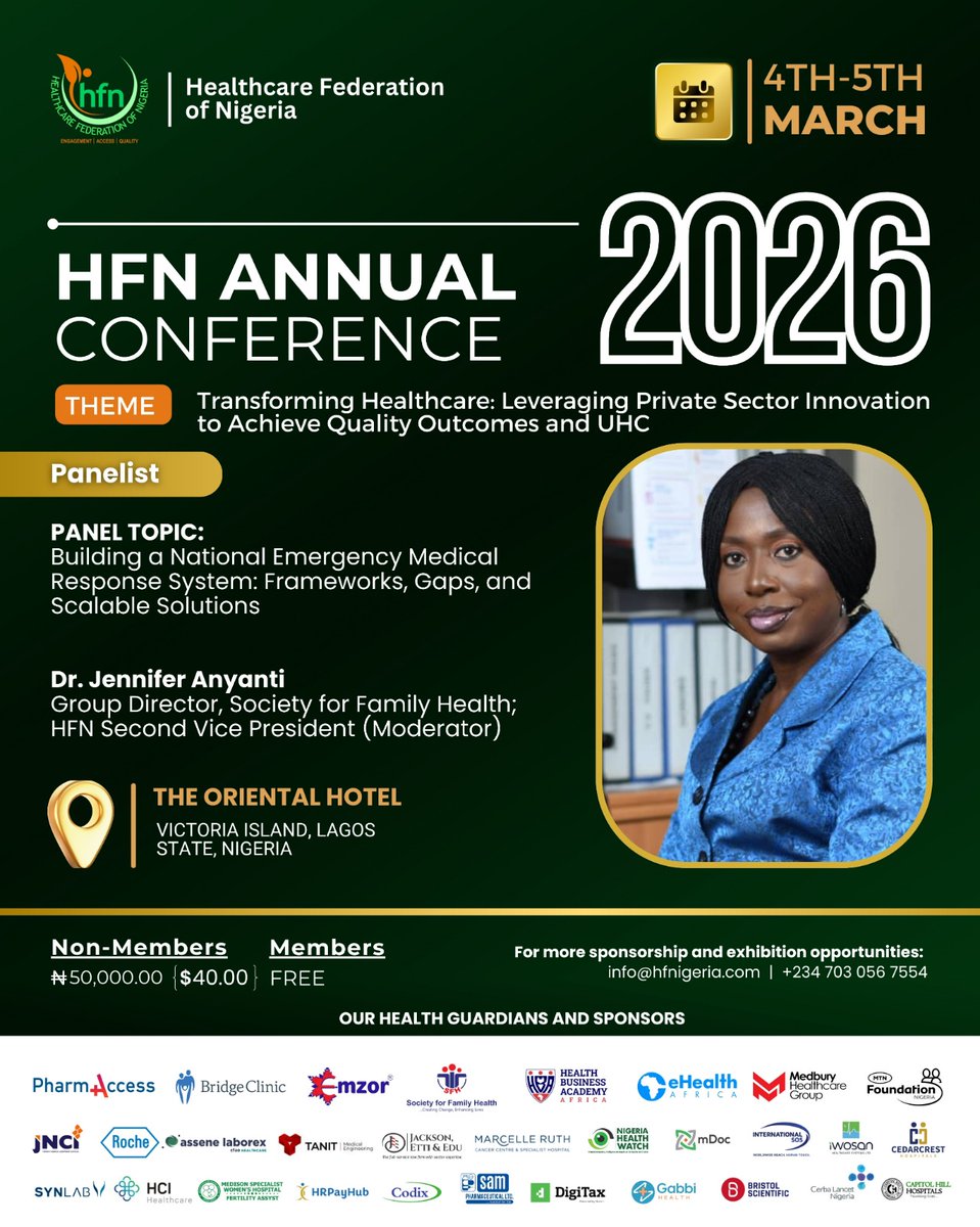 SFHNigeria's tweet photo. Society for Family Health (SFH) is proud to play a leading role at the Healthcare Federation of Nigeria (HFN) Annual Conference 2026, themed “Transforming Healthcare: Leveraging Private Sector Innovation to Achieve Quality Outcomes and UHC,” taking place 4–5 March 2026 at the Oriental Hotel, Victoria Island, Lagos.
Join us at the Conference:
🔹 Dr Omokhudu Idogho, Group CEO, SFH
Panel 2: “From Tax to Treatment: Domestic Resource Mobilisation & Tax Reforms for UHC.”
Driving bold conversations on sustainable health financing and domestic resource mobilisation.
🔹 Dr Jennifer Anyanti, Group Director, SFH IPH & HFN Second Vice President
Moderator, Panel 3 : “Building a National Emergency Medical Response System: Frameworks, Gaps, and Scalable Solutions.”
Championing scalable systems that protect lives.
🔹 Pharm Dennis Aizobu, MD, SFH ACCESS
Chairman, Exhibition Committee, shaping the innovation and partnership landscape of the conference.
As a proud Health Guardian alongside partners such as PharmAccess and eHealth Africa, SFH also contributed to the development of the Nigeria Private Health Sector Outlook 2026, an evidence-based publication led by HFN in collaboration with the Nigerian Economic Summit Group (NESG) and the Presidential Initiative on Unlocking Healthcare Value Chains (PVAC). This flagship report which would be launched, reframes healthcare not only as a social imperative, but as a strategic economic sector requiring data-driven investment, policy clarity, and private sector leadership.
At SFH, we believe universal health coverage will be achieved not by intention alone, but through deliberate financing reforms, resilient systems, and scalable innovation. Join us at #HFN2026 as we help shape the policies, partnerships, and practical solutions that will define Nigeria’s health future. 
#HealthcareTransformation #UHC #HealthFinancing #PrivateSectorLeadership #NigeriaHealth