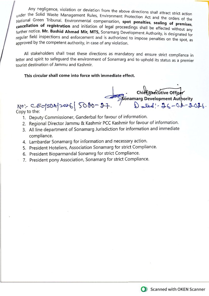 Tourismsonamarg's tweet photo. SDA has strengthened waste management enforcement as per directions of the NGT. Cleanliness standards are being strictly implemented in Sonamarg &amp; violations will attract spot penalties &amp; legal action, measures aim to protect environment &amp; ensure a better experience for visitors. https://t.co/X7rBOJXltL