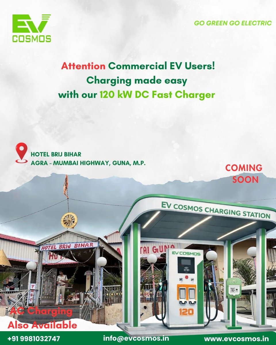 EvCosmosChrging's tweet image. ⚡ Big News for Commercial EV Users! ⚡

Charging just got faster and easier with our 120 kW DC Fast Charger 🚗🔋

📍 Now coming soon at Hotel Brij Bihar, Agra–Mumbai Highway, Guna (M.P.)
Stay tuned as we power up your journeys with EV Cosmos! 💚
#EVCOSMOS #commercialev #guna #dc