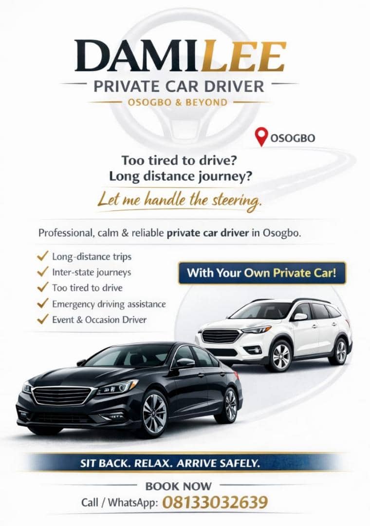 Health challenges can't make you drive?
Too scared to make that long trip alone?
Too busy to go pickup your ward/spouse or business partners?

Hire a driver today
Hire me and be glad you did
wa.me/2348133032639