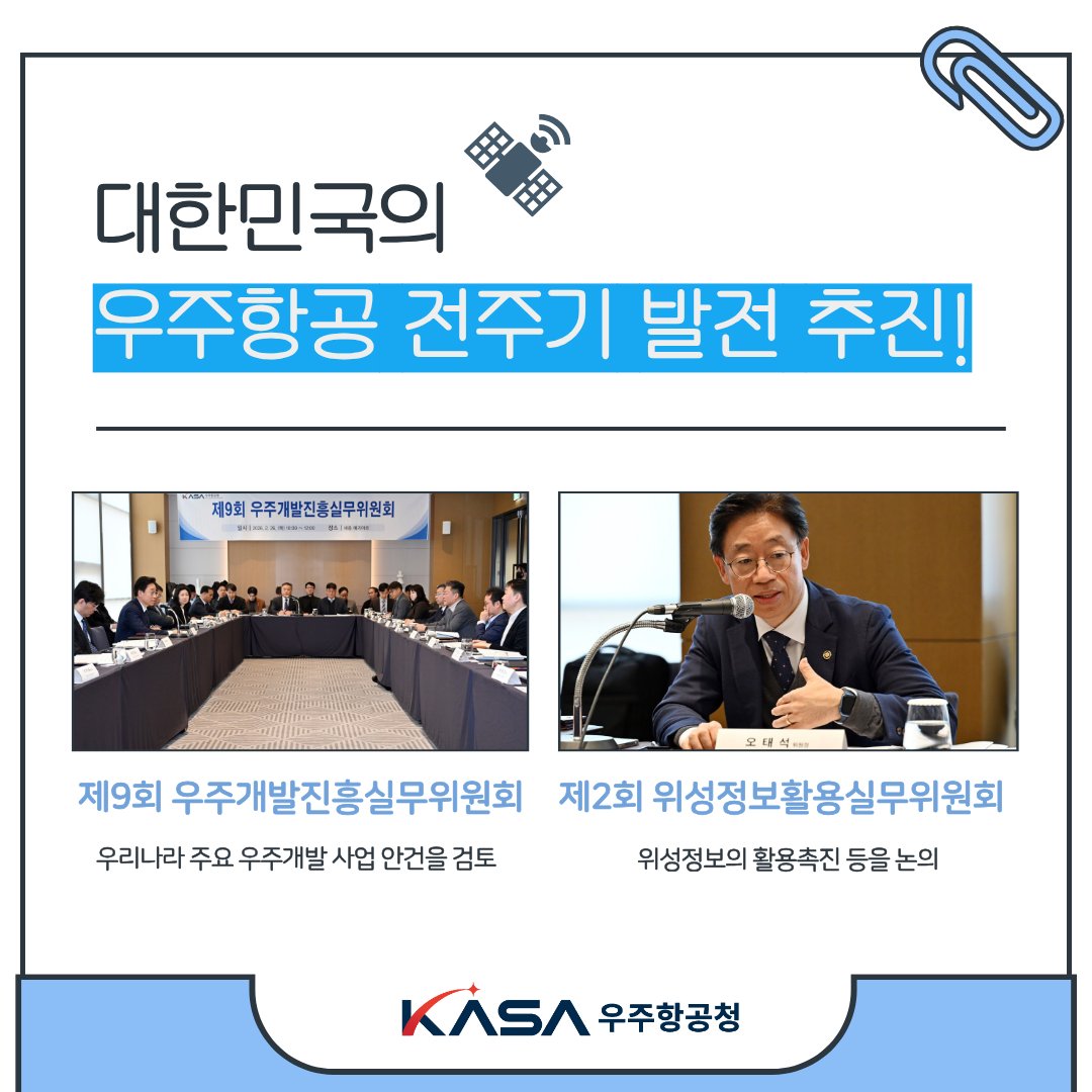🚀2월 26일, 오태석 우주항공청장 주재로 개최된 양 실무위원회를 통해 우주분야 주요 법정 중장기계획의 연도별 시행계획이 심의·의결되었습니다!
대한민국이 우주강국으로 도약할 수 있도록
지속적인 정책 지원과 실행에 최선을 다하겠습니다. 함께 지켜봐주시고, 많은 응원 부탁드립니다.👍 https://t.co/UY1mb0tjgK
