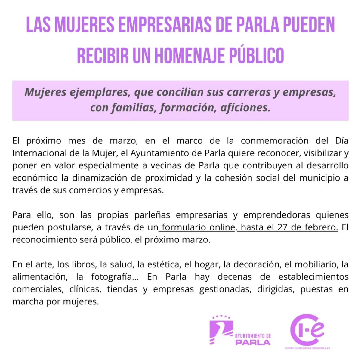 AytoParla's tweet image. 🙋🏼‍♀️ Si eres mujer emprendedora en #Parla, levantas tu negocio cada día, concilias con tu vida familiar, revitalizas calles con tu comercio, das empleo, has logrado tu sueño, lo menos que mereces es un reconocimiento público. Apúntate hasta 25 #febrero 👇
docs.google.com/forms/d/e/1FAI…