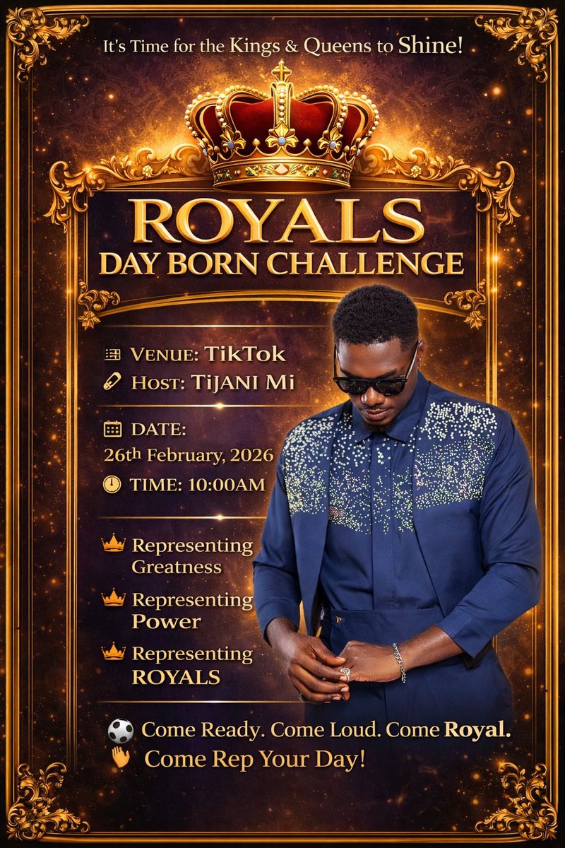 Attention Kings &amp; Queens 👑
The throne is waiting!
Pull up for the Royals Day Born Challenge on TikTok, 10AM sharp!
Let’s make noise 🔥

RESILIENT OHENEBA 
GRACIOUS EWURAMA
WATCH OHENEMA ON AMEYAWTV

#MitterrandOhenebaDennis
#BineyEwuramaAnsah
#RoyalEmerslds