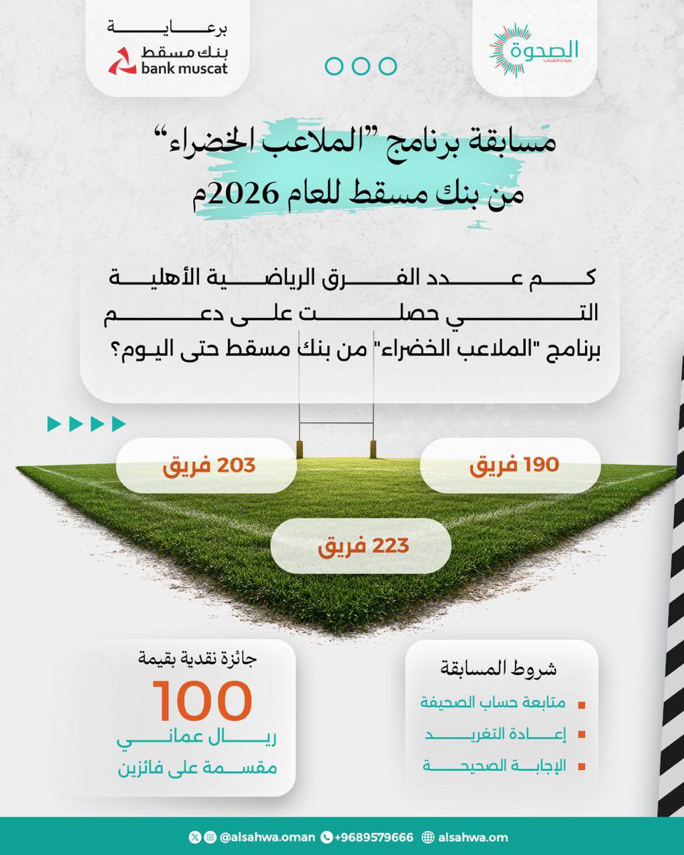 #الصحوة | السؤال الخامس:

شارك معنا في مسابقة صحيفة الصحوة بالتعاون مع" بنك مسقط" لتدخل السحب على 100 ريالاً عُمانيًا مقسمة لفائزين اثنين .

شروط المسابقة:
-متابعة حساب الصحيفة
-إعادة التغريد 🔁
-الإجابة الصحيحة ✅ 

كل التوفيق لجميع المشاركين