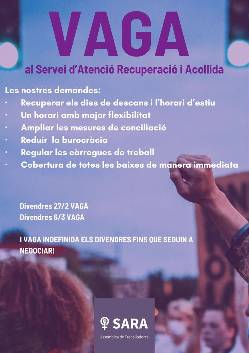 Demà primer dia de vaga al SARA. Per què?
Perquè defensem els nostres drets i els de les dones i infants que atenem davant d'una administració que només entén de números. Drets i qualitat de servei per davant de tot!