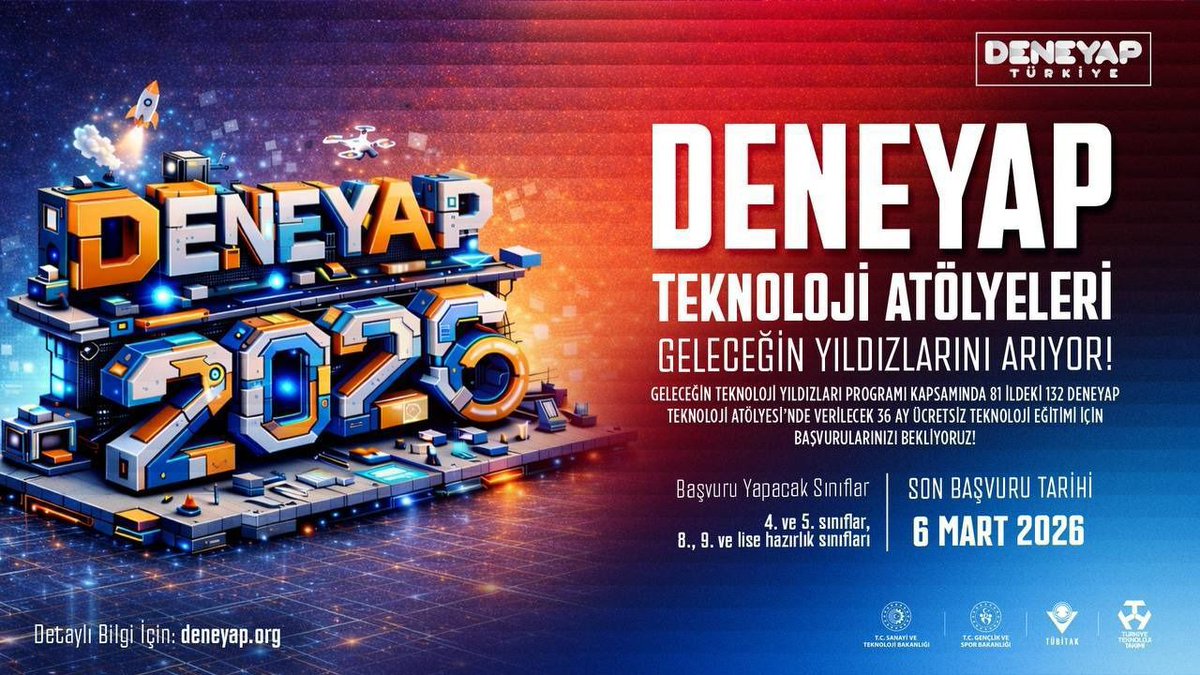 📣 #DENEYAP Teknoloji Atölyeleri #GeleceğinTeknolojiYıldızları'nı Arıyor! 💫

📍81 İl 
🏠132 DENEYAP Teknoloji Atölyesi 
🗓 36 Ay Ücretsiz Teknoloji Eğitimi 

Başvurunu yap, "Teknoloji Geliştiren Bir Türkiye Hedefinde" Geleceğin Teknoloji Yıldızı Sen Ol! 🌟

👉🏻Başvuru için:
