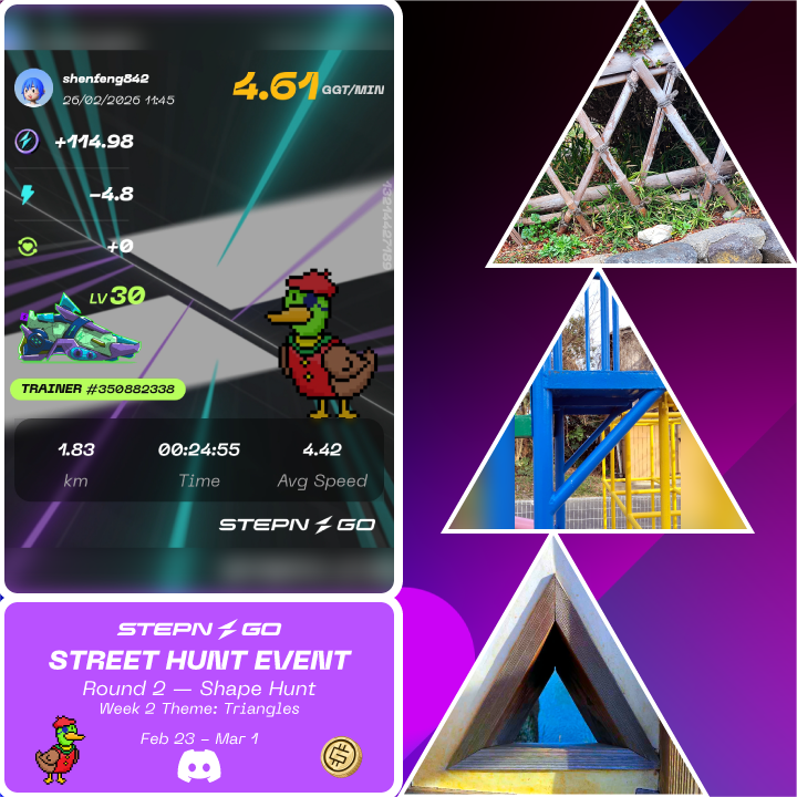shenfeng842's tweet image. 公式Discordでイベントが開催中🦆📢
#STEPNGO #StreetHunt #Triangle 

指定された形のアイテムをムーブ中に撮影してポストするイベント📸
今週のテーマは Triangles📐

三角はありそうで意外とないですね。
観察眼が鍛えられる楽しいイベントです🤣

イベント詳細は公式Discordで✅