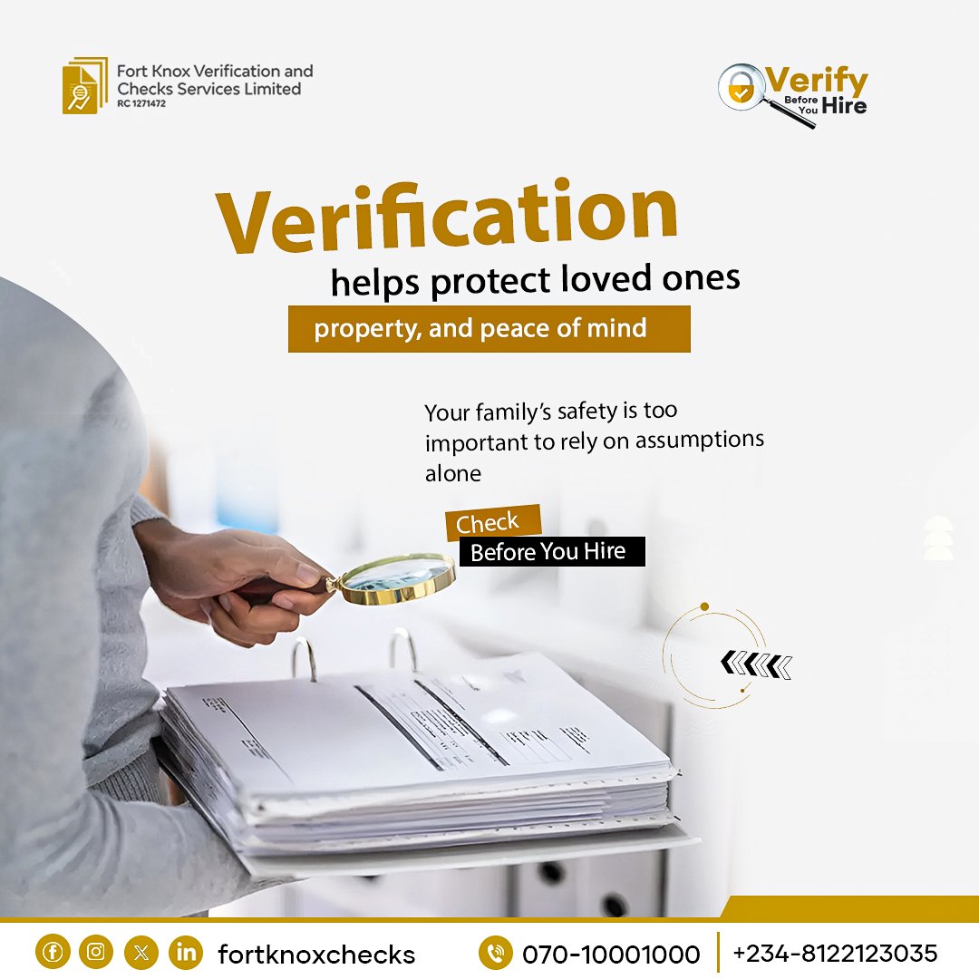FortKnox_Checks's tweet photo. Anyone working in your home becomes part of your daily life. Proper background checks help ensure safety and accountability

Responsible homes verify
👉 Check before you hire with FortKnox Checks

#FamilySafety #HouseHelpScreening #FortKnoxChecks #SecureHomes https://t.co/IUQ0fL373I