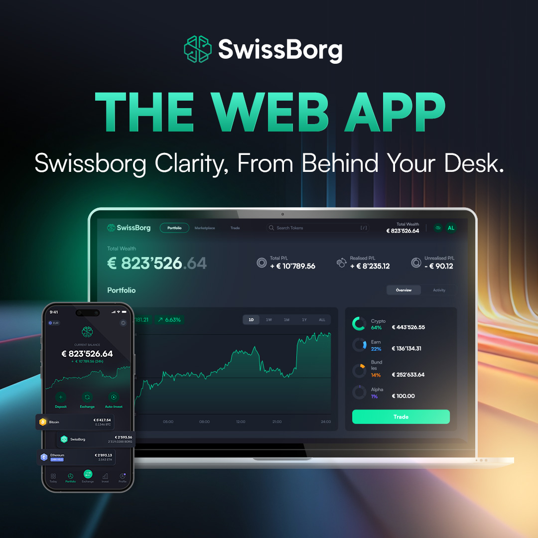 swissborg's tweet image. 3. The Web App - Swissborg Clarity, From Behind Your Desk.

Sometimes you want a bigger screen to manage your portfolio.

We're bringing the SwissBorg mobile experience to the desktop. Including TradingView charts for better analysis and a bigger view of your holdings.

🗞️ Read