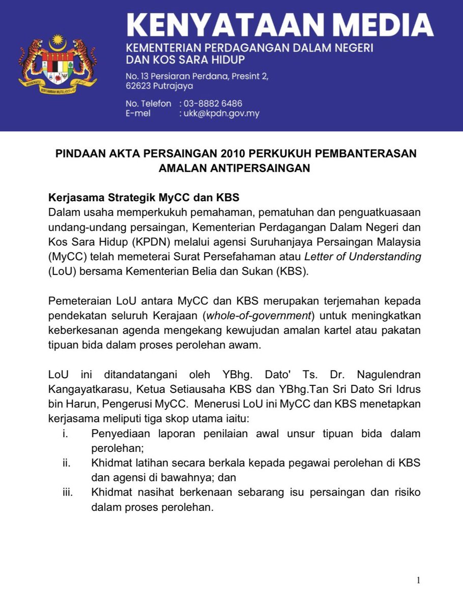 KPDN_HQ's tweet photo. [KENYATAAN MEDIA]

PINDAAN AKTA PERSAINGAN 2010 PERKUKUH PEMBANTERASAN AMALAN ANTIPERSAINGAN

PUTRAJAYA   | 26 FEBRUARI 2026  |  KHAMIS

#KPDN
#KPDNKITA
#MADANIBekerja
#MyCC
#AktaPersaingan2010 https://t.co/Zq35HlZsBx