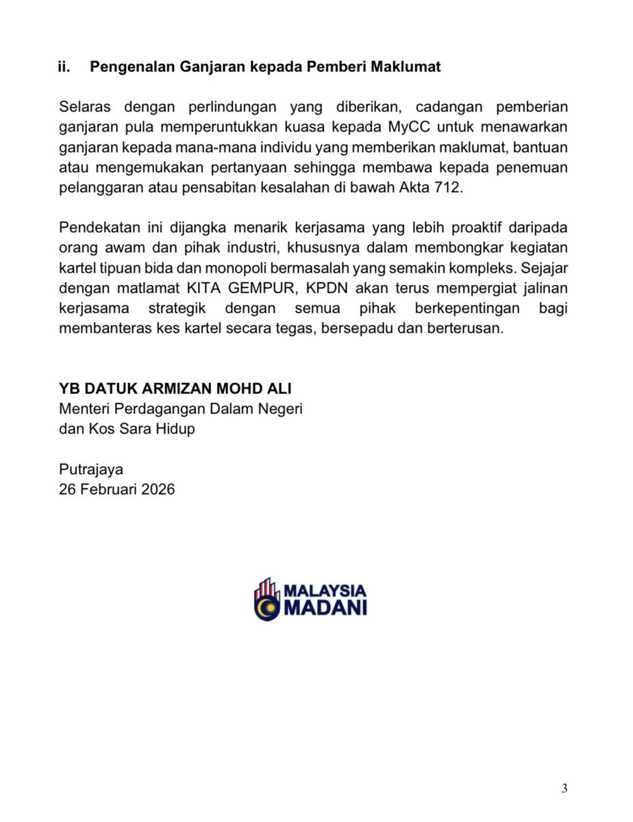 KPDN_HQ's tweet photo. [KENYATAAN MEDIA]

PINDAAN AKTA PERSAINGAN 2010 PERKUKUH PEMBANTERASAN AMALAN ANTIPERSAINGAN

PUTRAJAYA   | 26 FEBRUARI 2026  |  KHAMIS

#KPDN
#KPDNKITA
#MADANIBekerja
#MyCC
#AktaPersaingan2010 https://t.co/Zq35HlZsBx