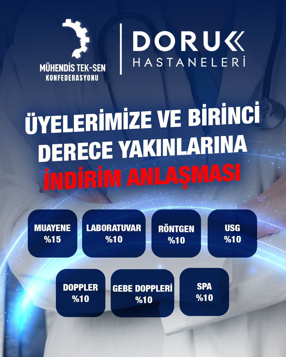 Mühendis Tek-Sen Konfederasyonu ile Doruk Hastaneleri arasında, üyelerimize ve birinci derece yakınlarına yönelik sağlık alanında indirim protokolü imzalandı.

Bu anlaşma kapsamında üyelerimiz ve birinci dereceden yakınları;

🩺 Muayene hizmetlerinde %15
🔬 Laboratuvar