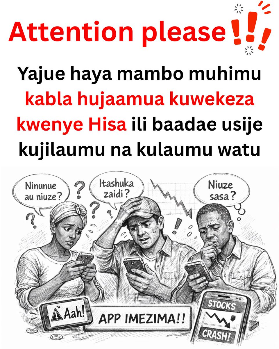 kelvinkibenje's tweet photo. YAJUE HAYA MAMBO MUHIMU KABLA HUJAAMUA KUWEKEZA KWENYE HISA ILI BAADAE USIJE KUJILAUMU NA KULAUMU WATU

1. ELEWA HISA NI NINI HASA

Hisa ni umiliki wa sehemu ya kampuni. Ukununua hisa, unakuwa sehemu ya wamiliki wa biashara hiyo faida na hasara zote zinakuhusu.

…

2. ELEWA HATARI (RISK) ILIYOPO

Bei ya hisa hupanda na kushuka. Soko linaweza kukupa faida leo na kesho likakupa hasara ya muda.

Usitumie pesa ya kodi, ada au dharura kuwekeza kwenye ila kuna sehemu unaweza wekeza hiyo pesa
....

3. CHAMBUA KAMPUNI KABLA YA KUNUNUA

Angalia…

• Faida zake kwa miaka kadhaa
• Madeni yake
• Ukuaji wa mapato
• Uongozi wa kampuni

Usinunue kwa sababu “watu wanasema itanunuliwa.” Au umeona huku mitandaoni inapigiwa kelele mno
......

4. ELEWA TOFAUTI YA UWEKEZAJI NA KUBETI

Uwekezaji ni wa muda mrefu.
Kubeti ni kutaka utajiri wa haraka.

Ukija na mindset ya haraka kisa umesikia mtu kaweka 20M december na februry ana 40M kitakulamba, soko litakufundisha kwa hasara.

.....

5. KUWA NA MALENGO YA MUDA MREFU

Hisa zinafaa zaidi kwa watu wenye subira.

Miaka 3–5+ ndio muda unaoanza kuona nguvu ya compounding.
......

6. USIWEKEZE PESA ZOTE SEHEMU MOJA

Diversification ni kinga.
Usiweke mtaji wote kwenye kampuni moja au sekta moja. ( pia sio uchague makampuni mengi NO)
.....

7. ELEWA SAIKOLOJIA YA SOKO

Watu wanapopanic, bei hushuka.
Watu wanapokuwa na tamaa, bei hupanda sana.

Ukishindwa kudhibiti hisia zako, utaishia kununua juu na kuuza chini.
.......

8. FAHAMU GHARAMA ZA UWEKEZAJI

Kuna:
• Ada za udalali
• Tozo za miamala
• Kodi ya gawio

Gharama ndogo ndogo hupunguza faida yako.
.......

9. KUWA NA MFUKO WA DHARURA KWANZA

Kabla hujawekeza, hakikisha una akiba ya angalau miezi 3–6 ya matumizi yako. Au unawekeza pia sehemu unayoweza kuoata peda haraka mfano kwenye M-wekeza au mfuko Wa Ukwasi Utt

Hii itakusaidia usilazimike kuuza hisa kwa hasara.
….
Ukiwekeza bila kuelewa haya, siku bei ikishuka utaanza kulaumu:
dalali, serikali, soko, au aliyekushauri.

Lakini ukweli ni huu:
Soko la hisa linamlipa mwenye subira, nidhamu na maarifa.