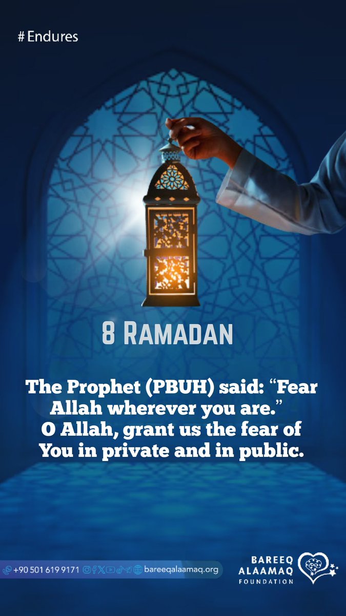 BareeqAlaamaqEN's tweet image. The Prophet (PBUH) said: “Fear Allah wherever you are.” 
O Allah, grant us the fear of You in private and in public.

Bareeq Al-Aamaq Association
Humanitarian | Educational |
Bareeqalaamaq.org
#Ramadan #Giving #PrayForMercy #Dua
