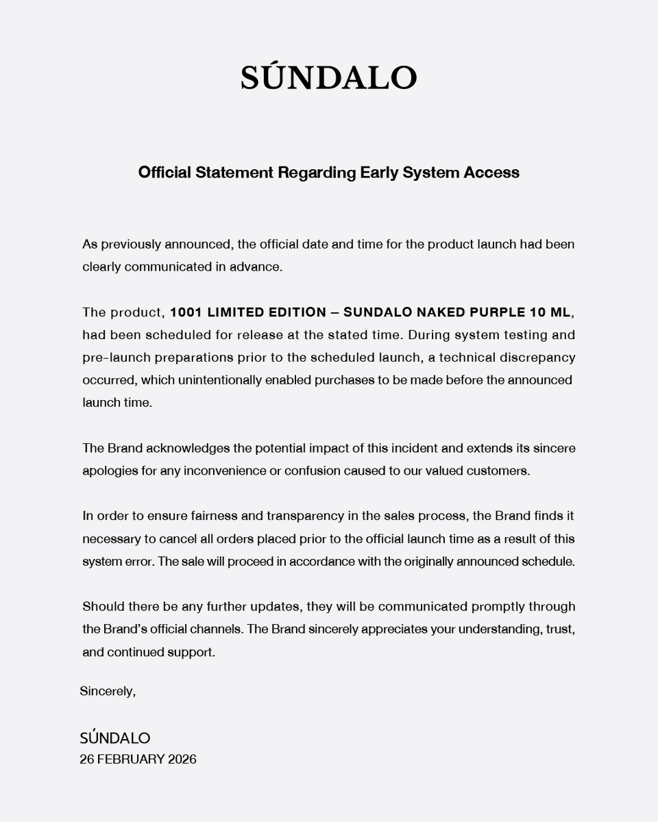 แถลงการชี้แจงจาก SÚNDALO OFFICIAL
เรื่อง ชี้แจงกรณีระบบเปิดให้เข้าซื้อก่อนกำหนดเวลา

Official Statement from SÚNDALO
Regarding Early System Access

#SUNDALO #SÚNDALO
#sundaloperfume #SUNDALOxnakedpurple #10velyxSUNDALO