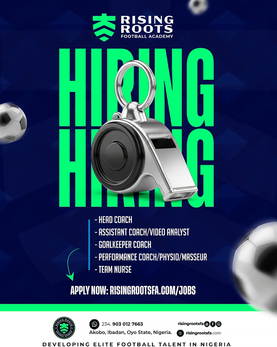 risingrootsfa's tweet photo. Rising Roots FA is recruiting top football professionals ready to build and develop elite talent in Nigeria.
If you have the experience, structure, and standards to lead at a serious academy level, we want to hear from you.

Apply now: https://t.co/F4WAsPqJ16 https://t.co/h1FRw0V5kX