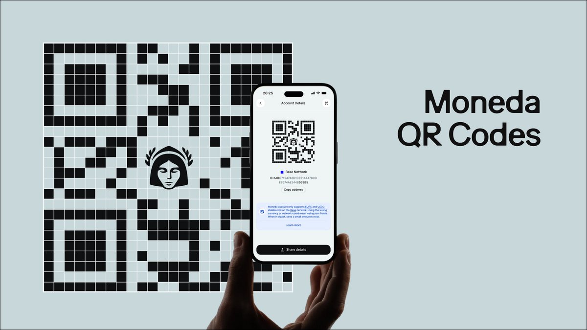 New in Moneda: QR codes for payments and wallet sharing.

Scan to send crypto, pay EU invoices, or complete merchant checkouts. Show yours to receive funds instantly. Available now on iOS and Android.

Here's what it does 👇