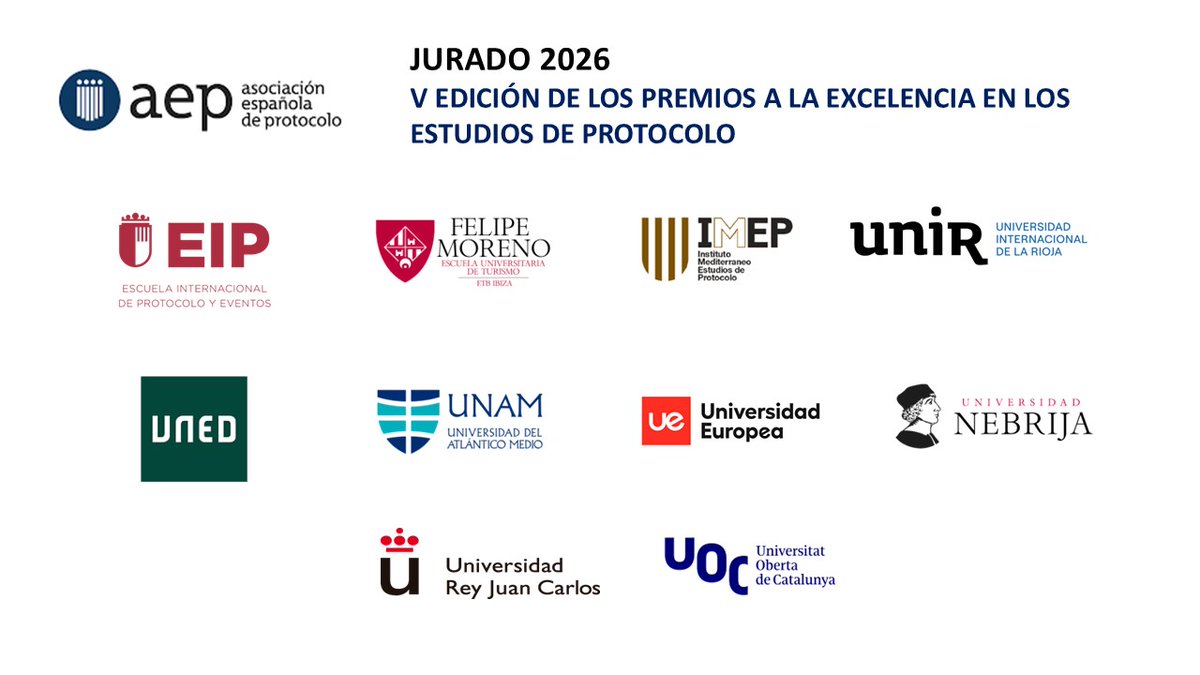 La AEP pone en marcha la V edición de los Premios a la Excelencia en los Estudios de Protocolo y las IV Jornadas Académicas. 10 centros participan en esta edición que incluye trabajos de los cursos 23-24 y 24-25. Impulsamos talento, impulsamos profesión.
aeprotocolo.org/en-marcha-la-v…