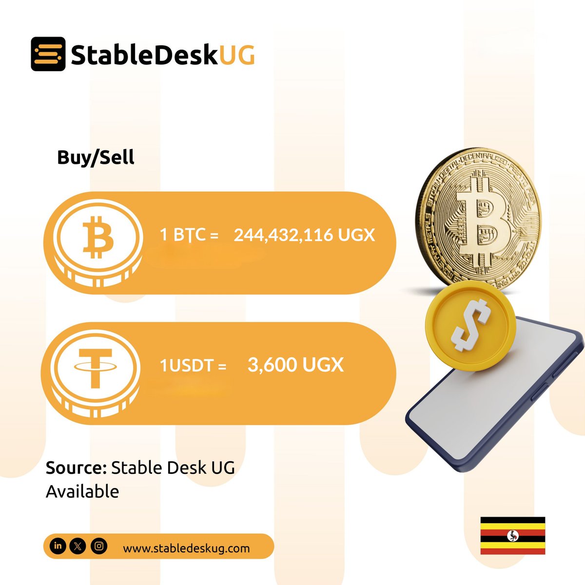 🚨 CRYPTO MARKET UPDATE: BTC increased  3.98% in 24hrs! 📉
Latest Prices in UGX 
1 USDT ≈ 3,600
1 USDC ≈ 3,600
1 BTC = 244,432,116.45
1 ETH =   7,381,267.04 
1 SOL = 314,428.43 
What's your play? #CryptoUG #Bitcoin #MarketUpdate