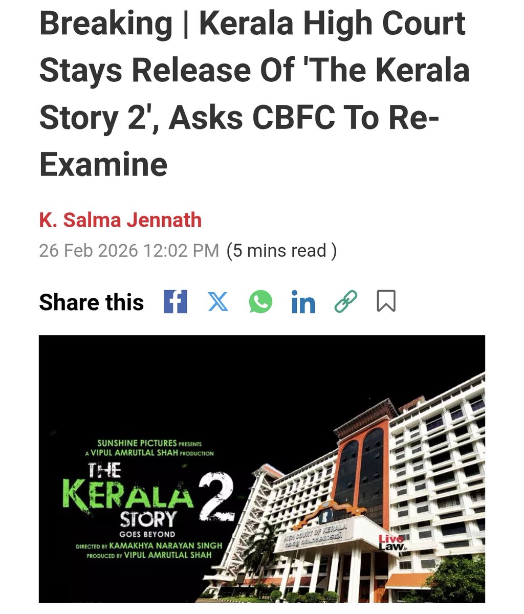 shamseerHashim's tweet photo. 🚨 BIG TWIST IN “KERALA STORY 2” 🚨

 Kerala High Court stays release of Kerala Story 2 after petitions challenged its censor certification.

Court directs CBFC to re-examine. Detailed order awaited.

#KeralaHighCourt #KeralaStory2 #CBFC #JusticeFirst https://t.co/cNrjmEmbzK