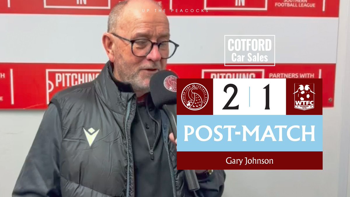 “I was proud of the effort that was put in” 💬

Hear from First-Team Manager Gary Johnson who spoke to the club’s media after Wednesday night’s 2-1 win over Wimborne Town.

➡️ youtube.com/watch?v=r7m7Ax…

Gary is sponsored by Cotford Car Sales.

#UpThePeacocks 🦚
