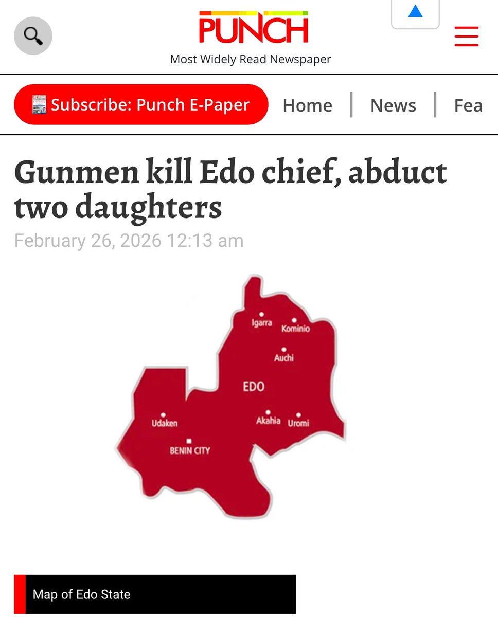 TOtalLIBRATION's tweet photo. Gunmen have killed a high-ranking palace chief in Iduah Kingdom, Esan West Local Government Area of Edo State, and abducted two of his daughters.
The victim, Chief Jimah Jacob Ogboi, was reportedly attacked at his residence on Monday night. https://t.co/gg5s4QG4Pu