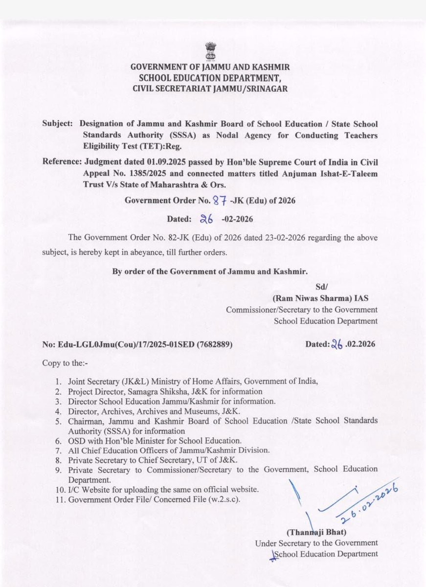 The J&amp;K Govt has decided to keep the order on JKBOSE/SSSA as Teachers Eligibility Test 
Nodal Agency in Abeyance. 

This is precisely the same course of action that <a href="/parawahid/">Waheed Ur Rehman Para</a> had suggested a few days ago, to keep SO 175 and 305 of the new reservation policy in abeyance.

Please