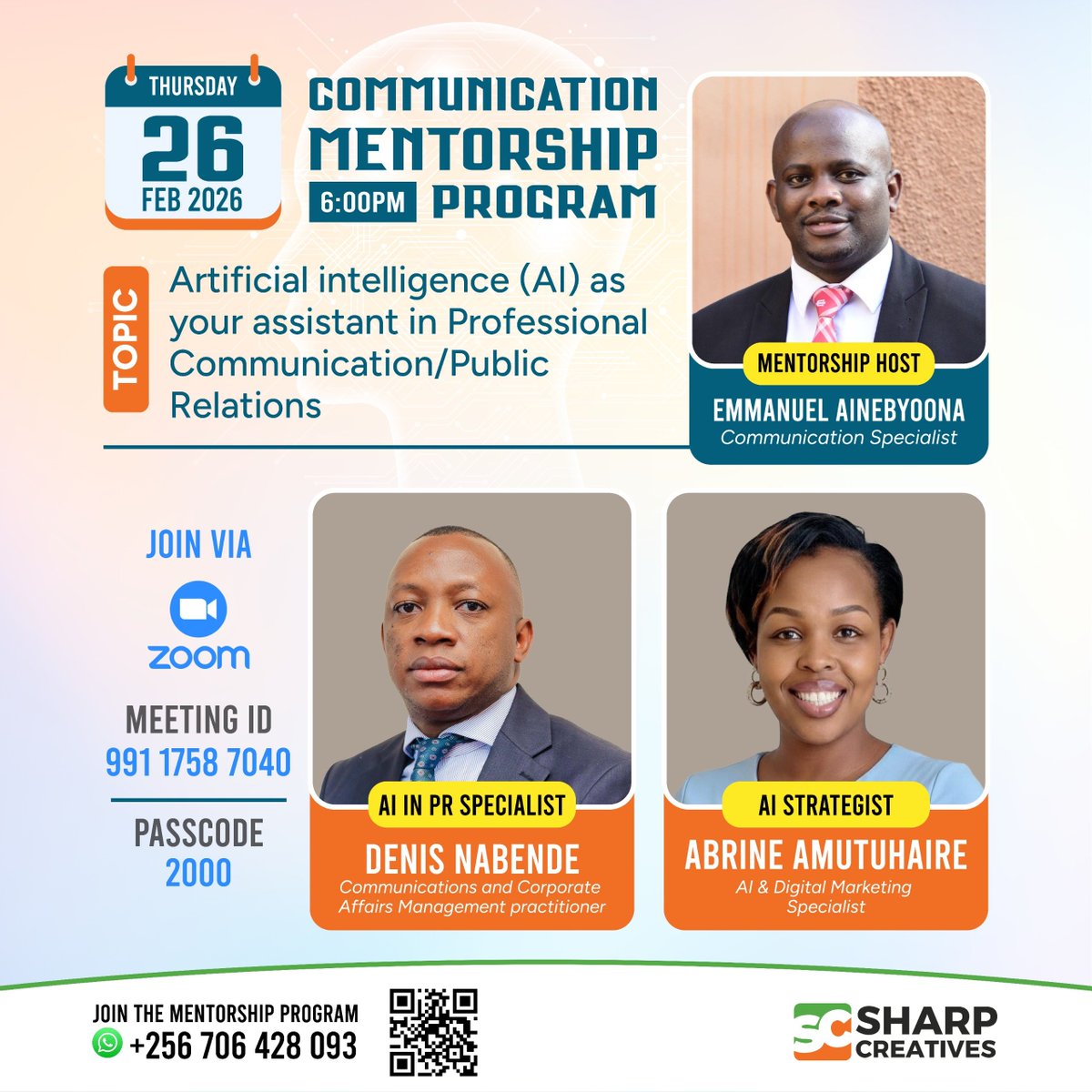 Catch live, <a href="/DenisNabz/">Denis Nabende</a> and Abrine on their expertise in using AI as a tool to aid professional communication and PR, hosted by <a href="/ainbyoo/">Ainebyoona Emmanuel (CIPR)</a> this evening. #SharpCreatives #CommsMentorship

health-go-ug.zoom.us/j/99117587040?…

Meeting ID: 991 1758 7040
Passcode: 2000