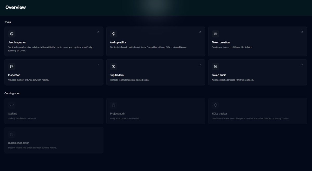 TokenInfoAI's tweet photo. One dashboard. 

Every tool you need before you ape.

Audit it. Track the jeets. Follow the smart money. 

All in one place.

https://t.co/KMNTWdHkqu is live and we're still building. https://t.co/Gcv24ItDM1