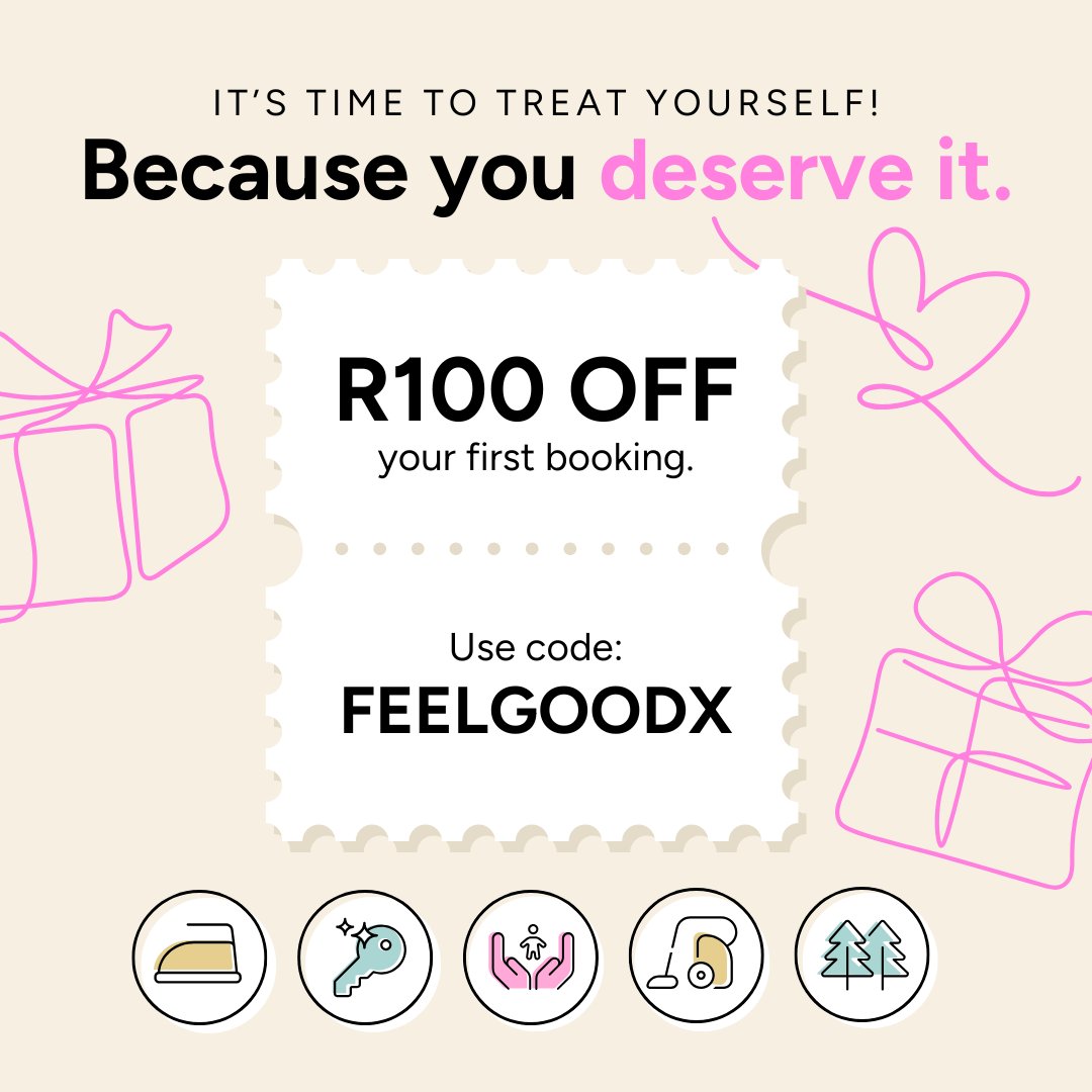 SweepSouthSA's tweet image. Your first treat is on us! 💛
Love shows up in the little things… like a home that feels cared for.
Use code FEELGOODX for R100 off your first booking.

Book now: bit.ly/4qYgI2a

#sweepsouthsa #homeservices #cleaningservicessa #sweepsouth