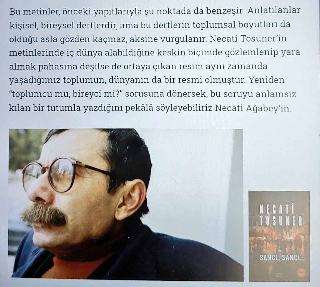 VWHulya's tweet photo. "Necati Tosuner'in metinlerinde iç dünya alabildiğine keskin biçimde gözlemledip yara almak pahasına deşilse de ortaya çıkan resim aynı zamanda yaşadığımız toplumun, dünyanın da bir resmi olmuştur.
... 
her sözcük önemlidir..."

Behçet Çelik
"Kalemi kendisine batırmak pahasına" https://t.co/rd23Wos14i